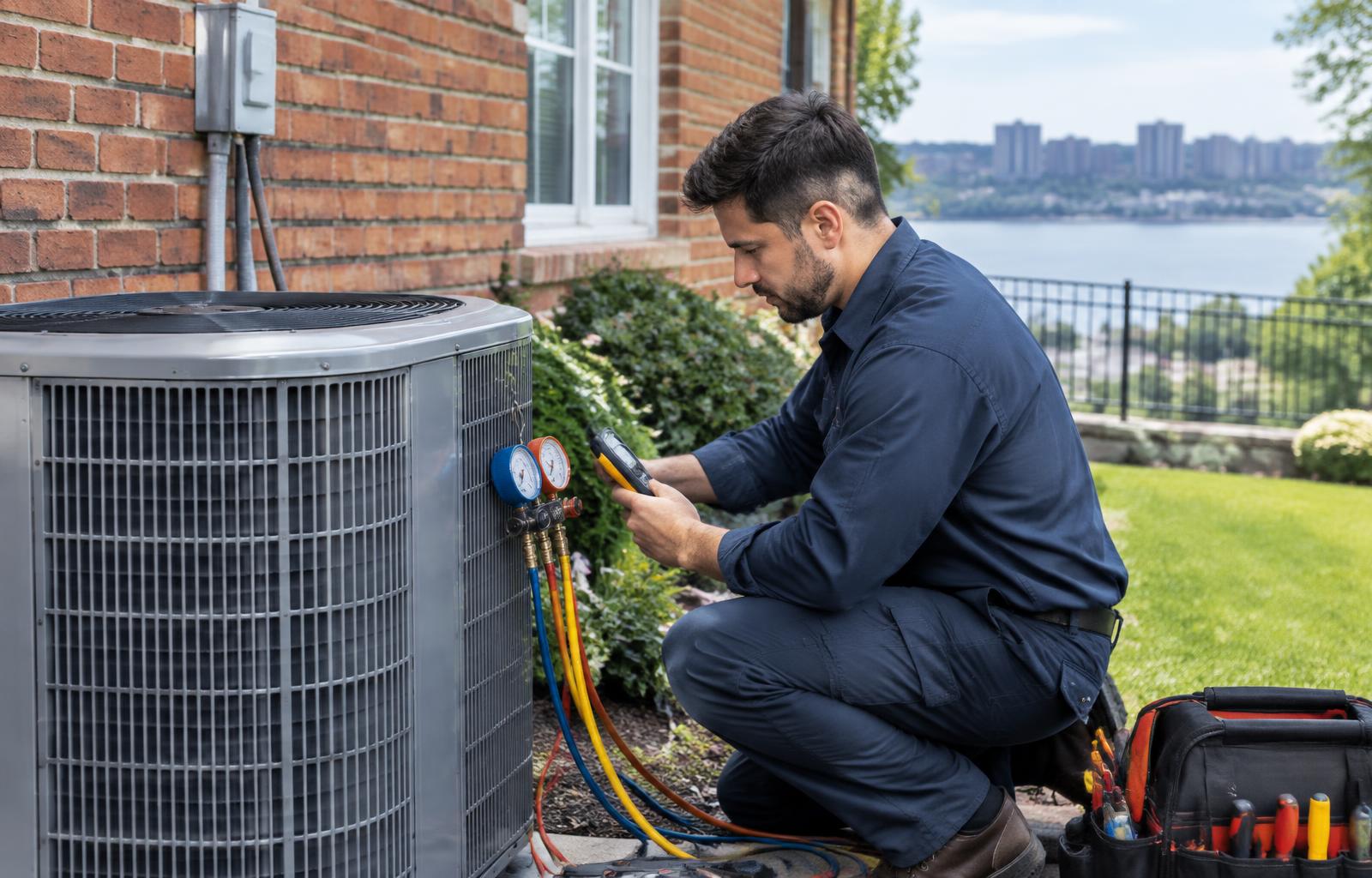 Yonkers HVAC technician servicing a residential air conditioner